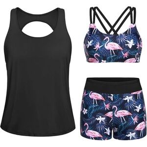 Women’s 3 pcs Tankini Bathing Suit Flamingo Bikini Swimsuit NWT Size XS